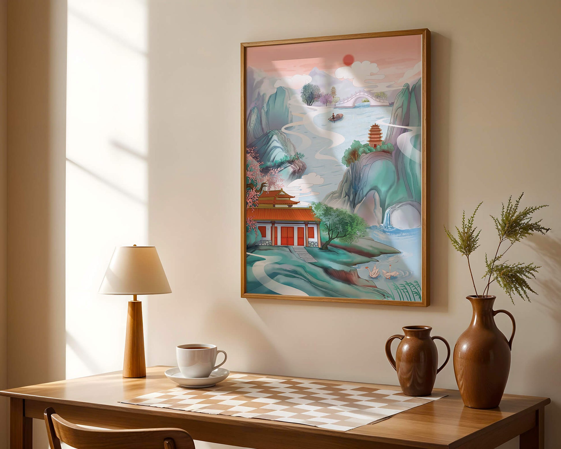Serene landscape with traditional Asian architecture and nature elements