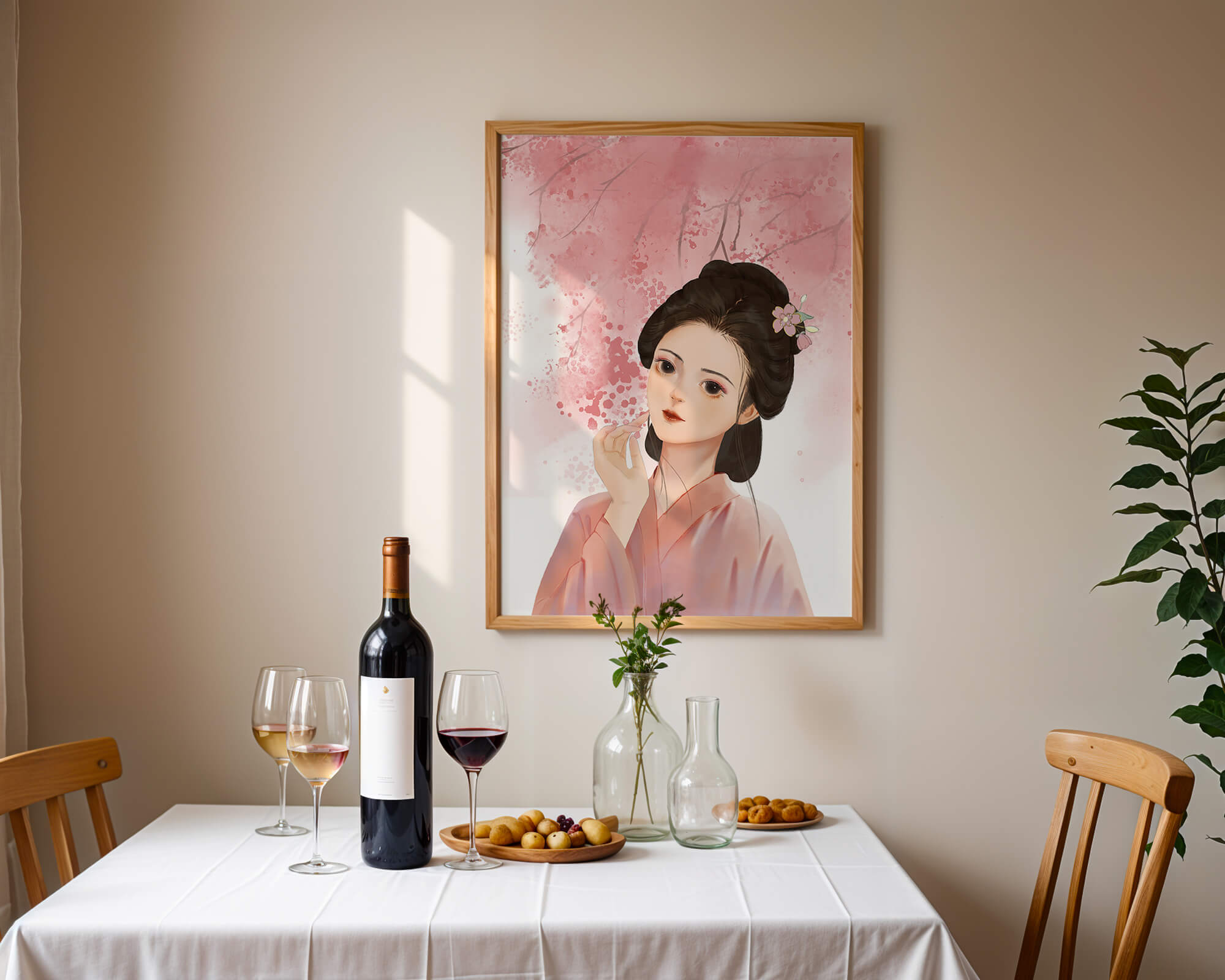 Traditional Japanese woman with pink cherry blossoms in the background