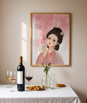 Femme japonaise traditionnelle avec des fleurs de cerisier roses en arrière-plan