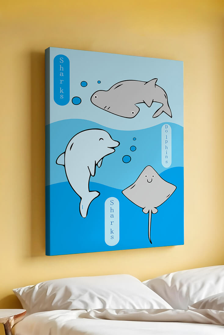 Cartoon sea animals illustration with shark, dolphin, and stingray