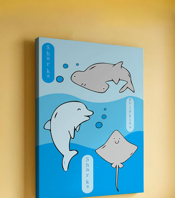 Cartoon sea animals illustration with shark, dolphin, and stingray