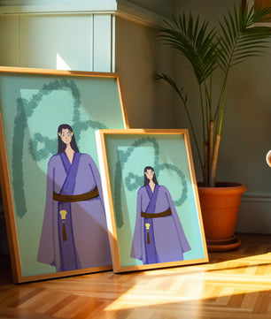 Personaje con atuendo tradicional sobre fondo texturizado