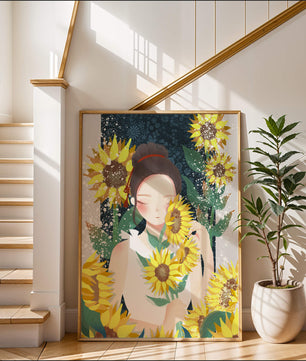 Young woman surrounded by vibrant sunflowers in a serene setting
