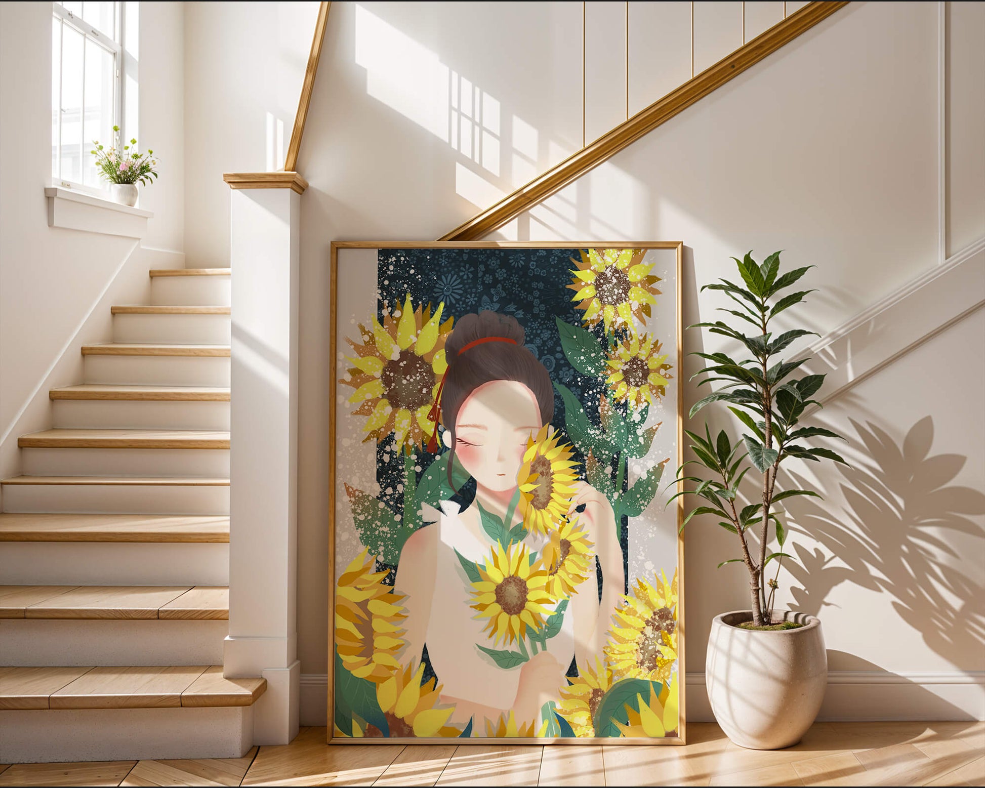 Young woman surrounded by vibrant sunflowers in a serene setting