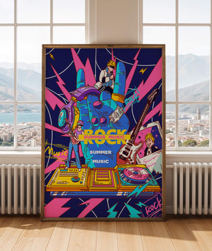 Ilustración temática vibrante de música rock con instrumentos y artistas