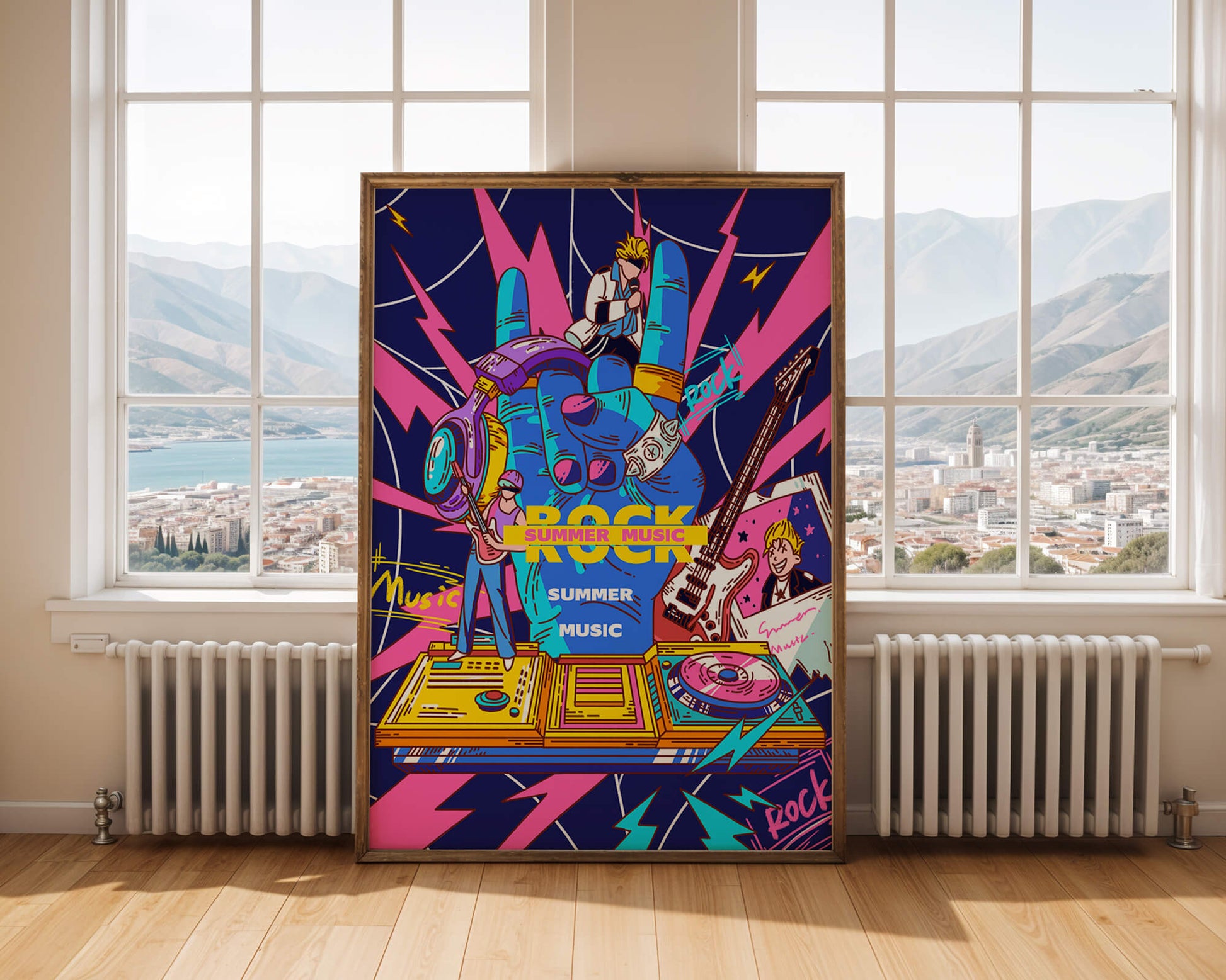 Ilustración temática vibrante de música rock con instrumentos y artistas