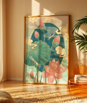 Ruhiges orientalisches Lotus-Design mit Libellen und Wolken