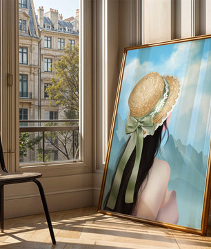 Woman with straw hat and mountain view under blue sky