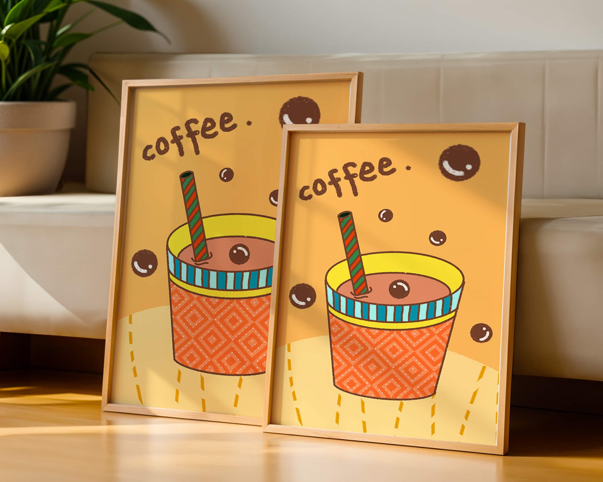 Colorful coffee cup illustration with bubbles and straw