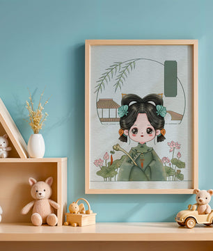 Charming illustration of a cute character in traditional Asian attire with floral elements