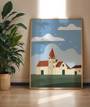 Idyllic Church Landscape with Golden Cross and Blue Sky