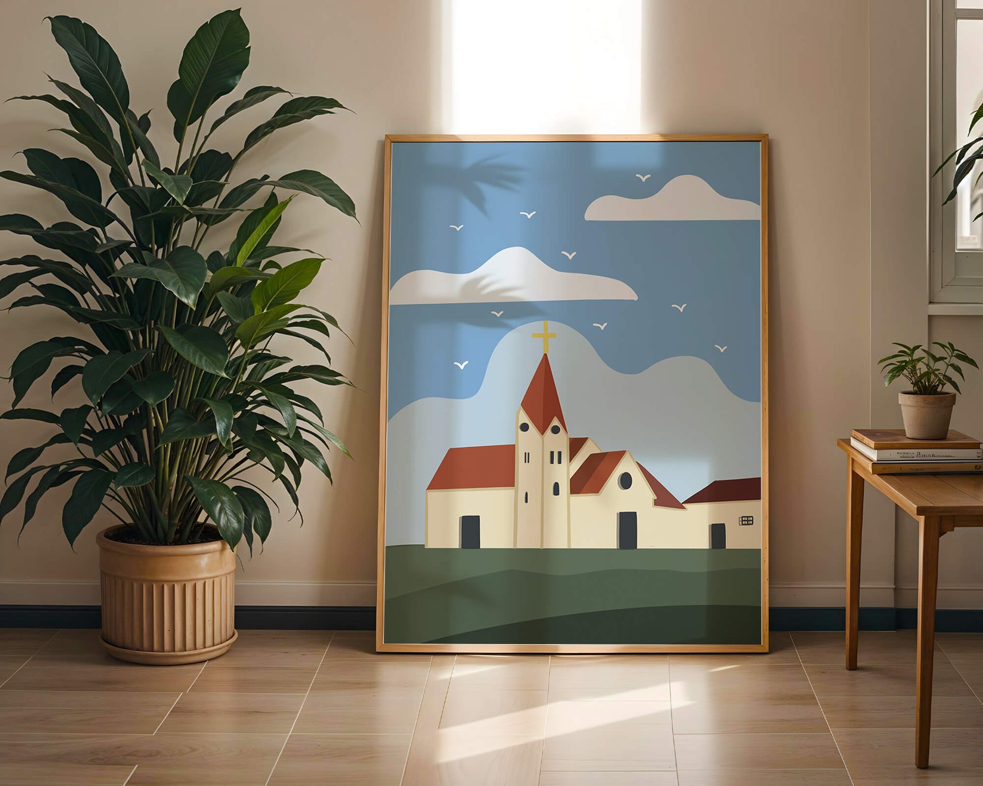 Paisaje idílico de iglesia con cruz dorada y cielo azul