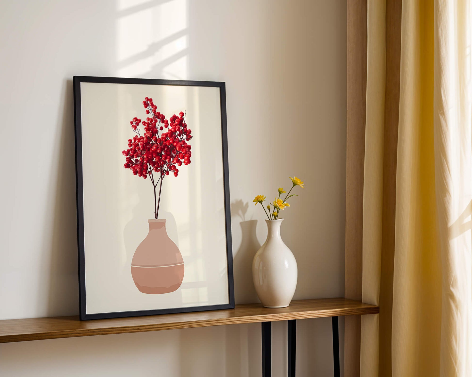 Red berries in minimalist clay vase on neutral background