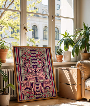 Art de chat géométrique coloré avec motifs abstraits en tons pastel