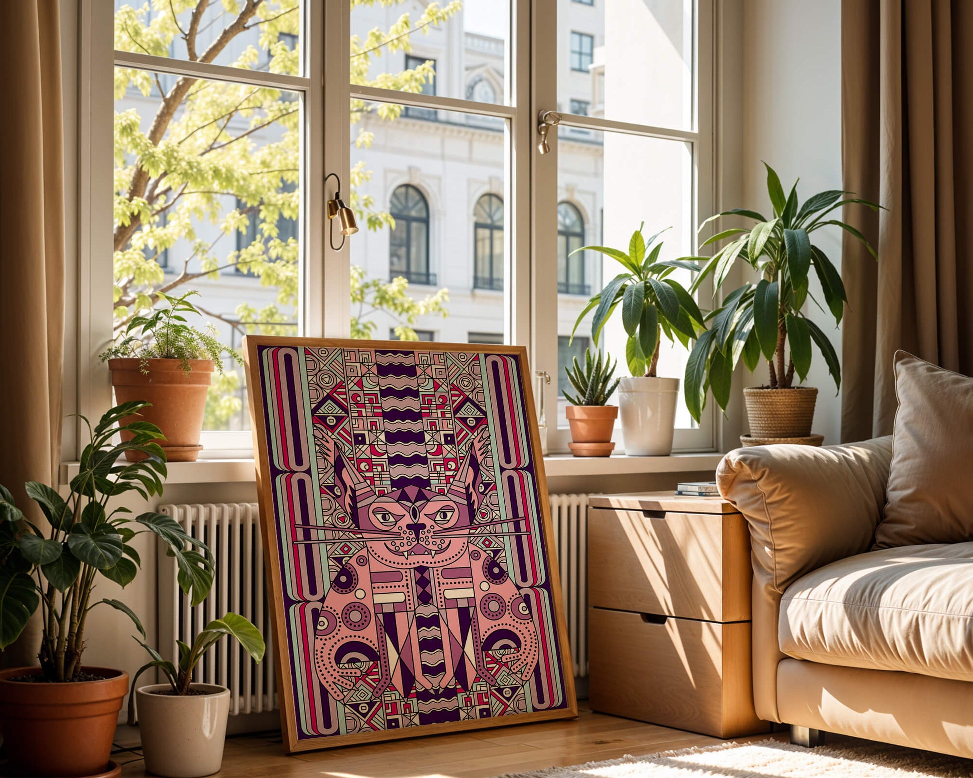 Art de chat géométrique coloré avec motifs abstraits en tons pastel