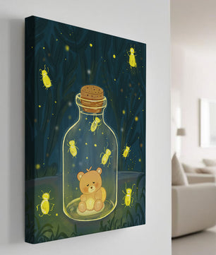 Charming teddy bear in a jar with glowing fireflies