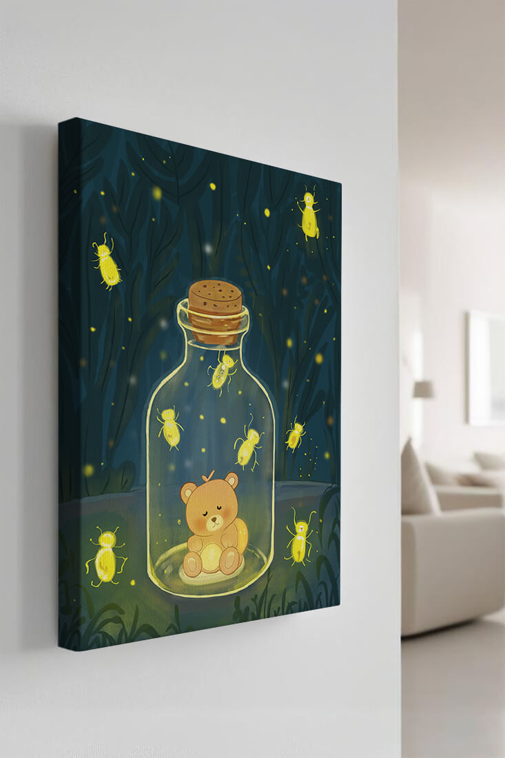 Charming teddy bear in a jar with glowing fireflies