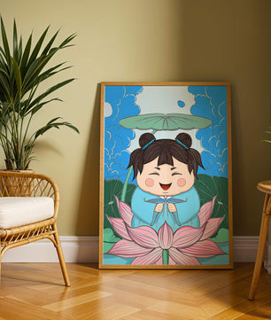 Whimsical illustration of a joyful child with lotus and umbrella