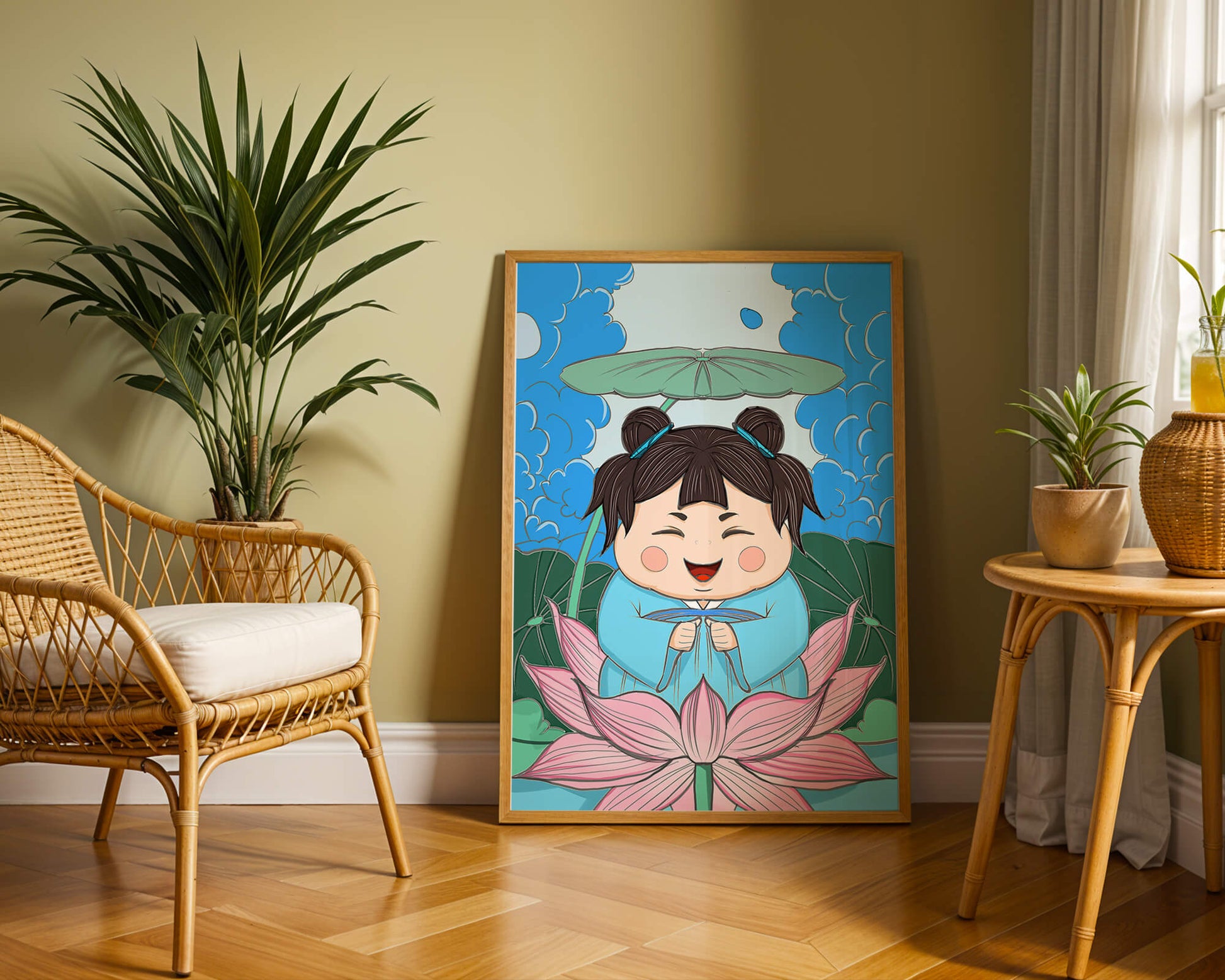 Whimsical illustration of a joyful child with lotus and umbrella