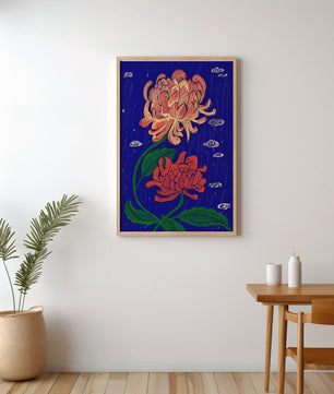 Colorful chrysanthemum illustration on dark blue background