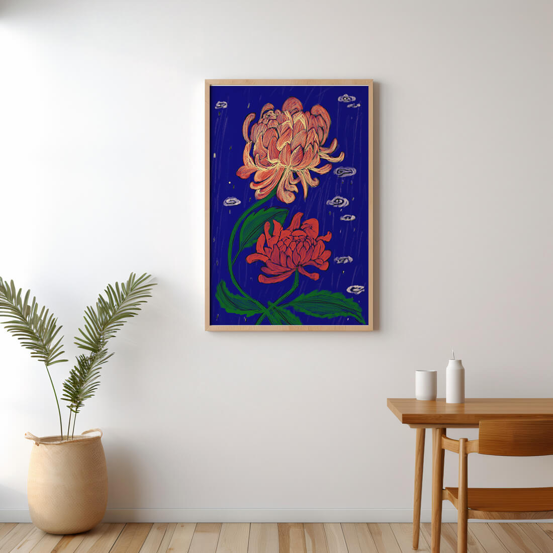Colorful chrysanthemum illustration on dark blue background