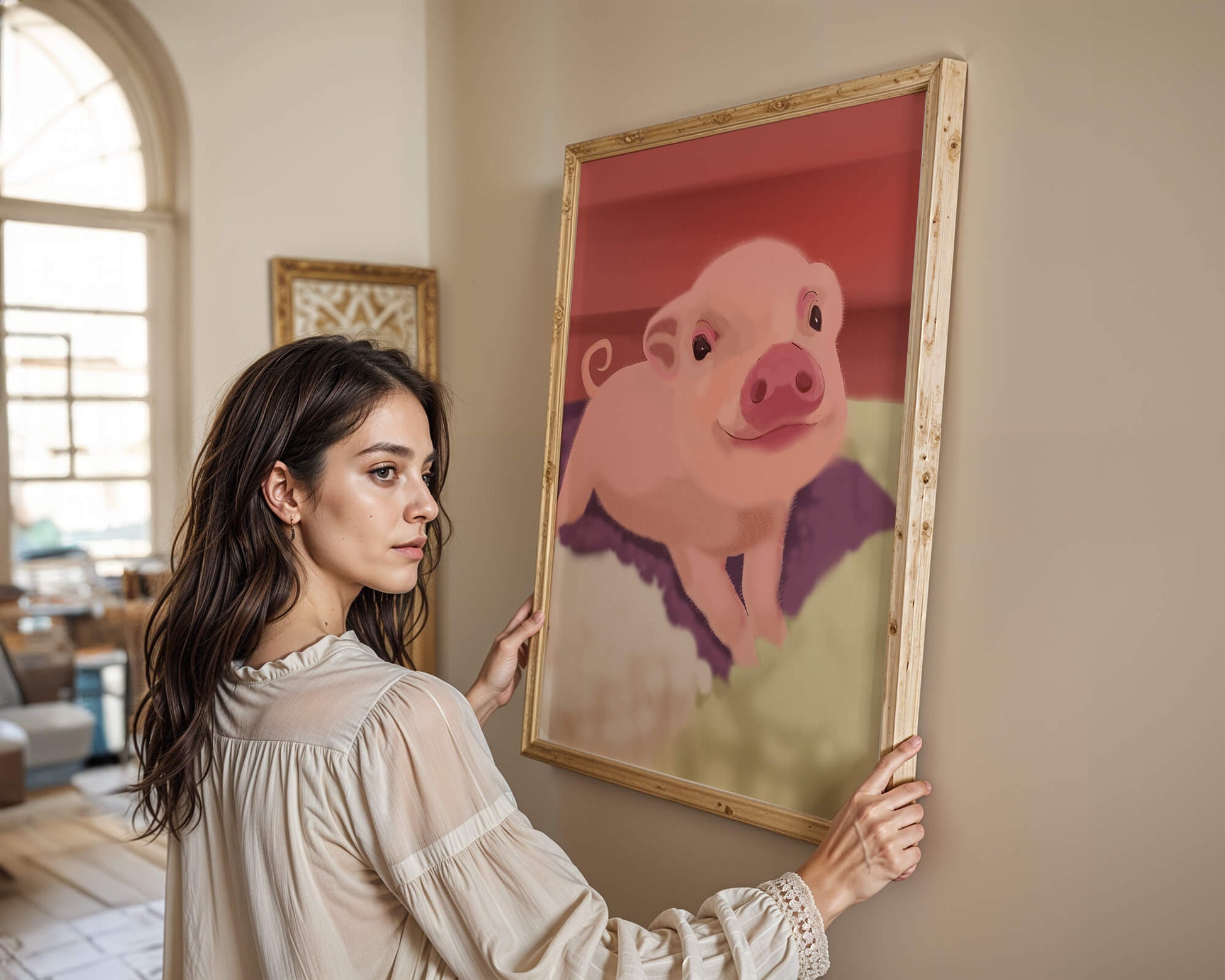 Una encantadora ilustración de un lindo cerdito con un fondo cálido.
