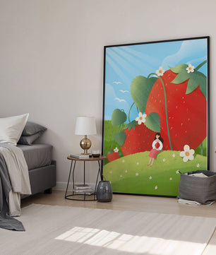 Paysage serein avec d'énormes fraises et une femme dans une prairie en fleurs