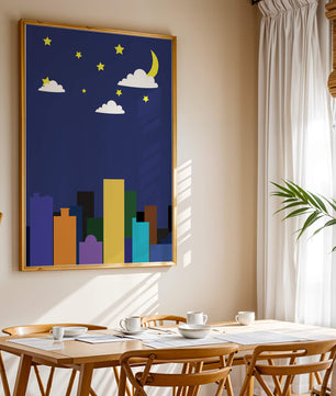 Night cityscape with colorful buildings and starry sky