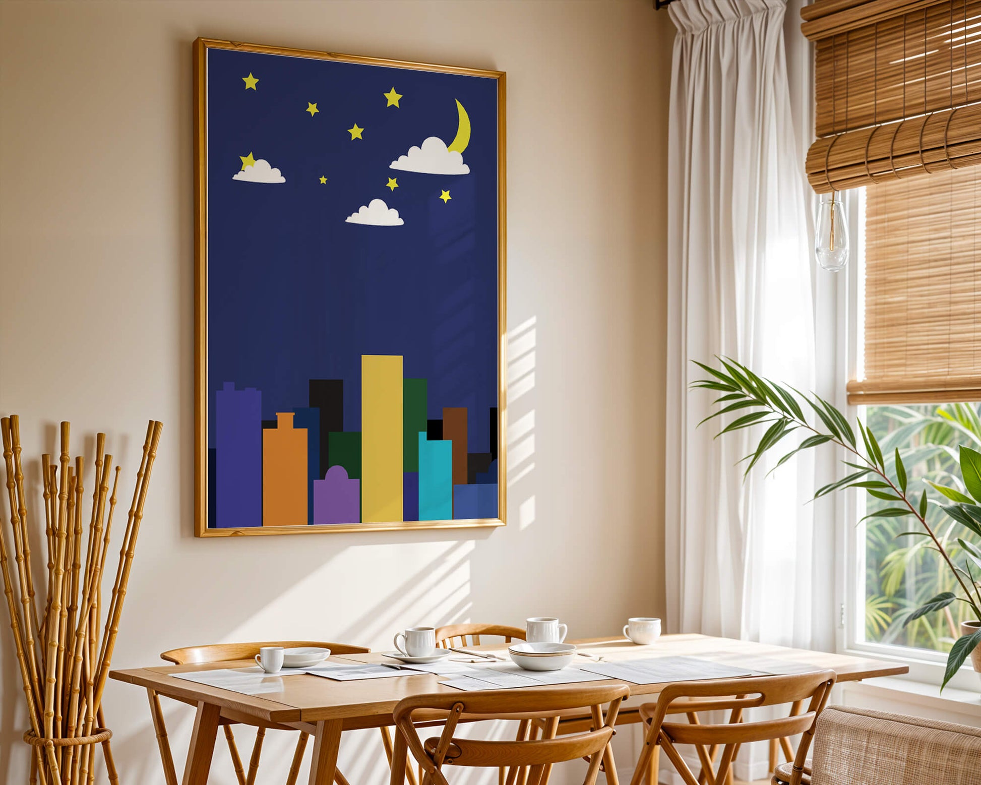 Night cityscape with colorful buildings and starry sky