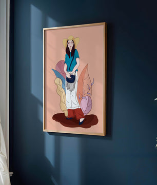 Ilustración de moda de una mujer con sombrero sobre fondo pastel