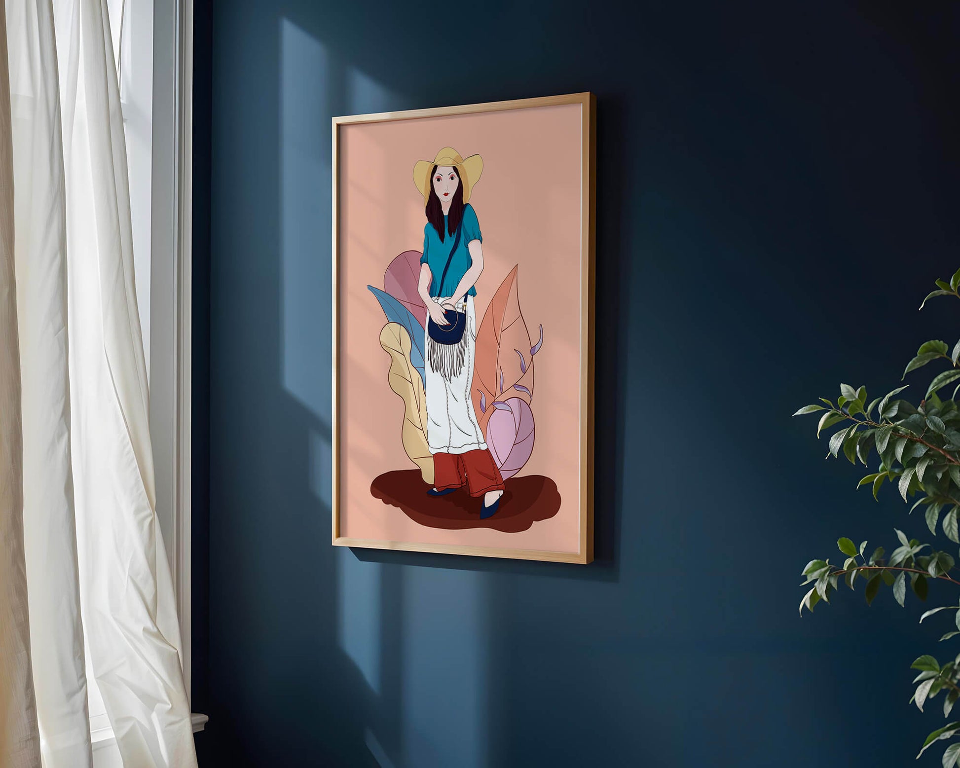 Ilustración de moda de una mujer con sombrero sobre fondo pastel