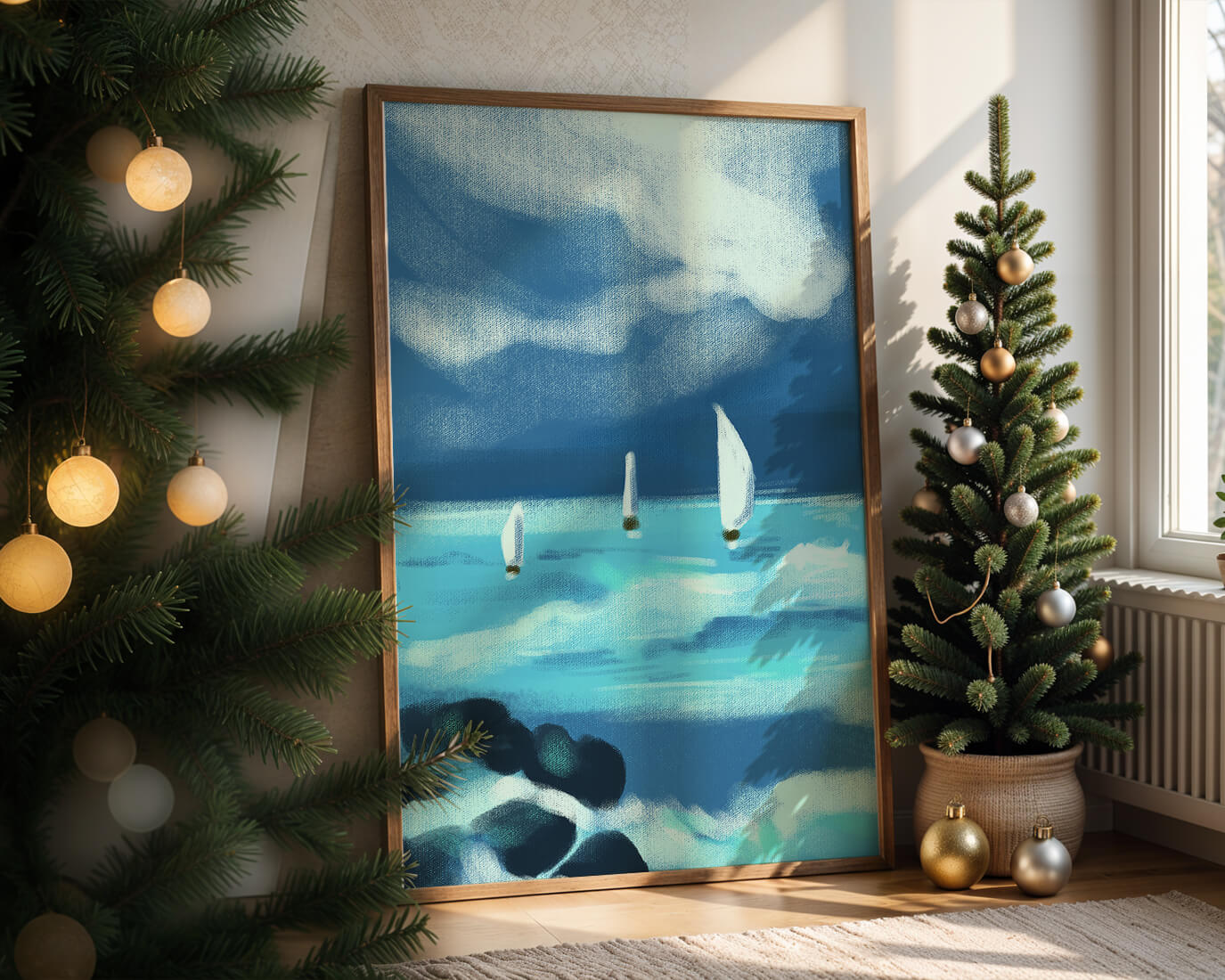 Seascape with sailboats navigating blue waves under a dramatic sky