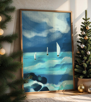 Seascape with sailboats navigating blue waves under a dramatic sky