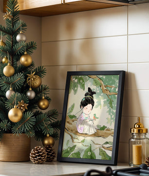 Serene illustration of a girl with a bird in a tree