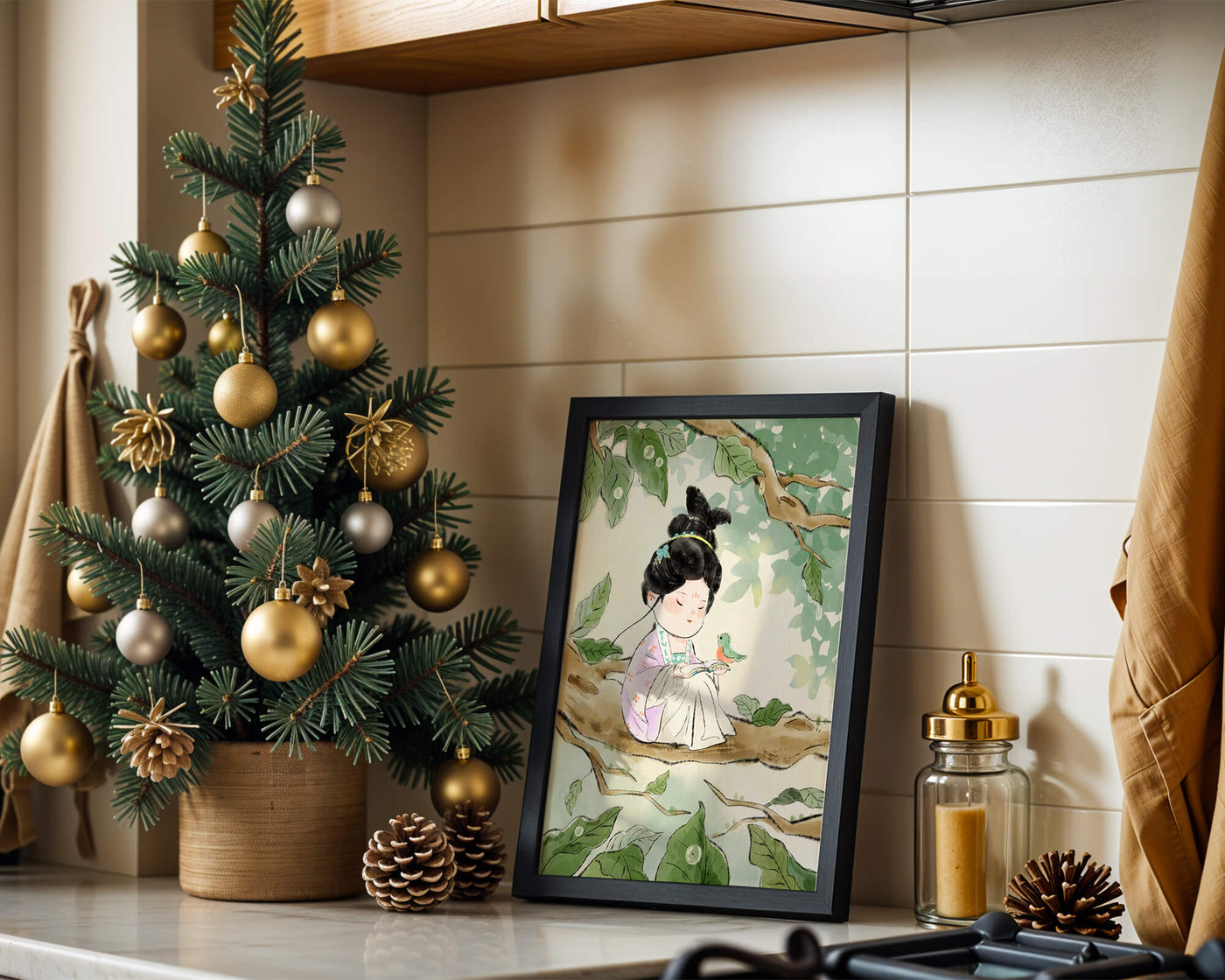 Serene illustration of a girl with a bird in a tree