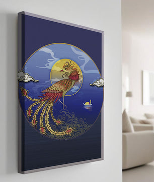 Phénix doré aux plumes éclatantes dans un décor marin mystique