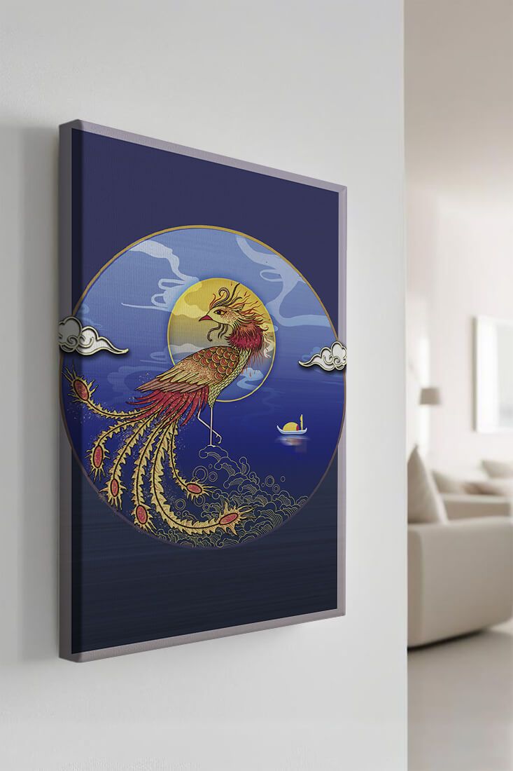 Golden Phoenix with Vibrant Feathers in Mystical Sea Setting