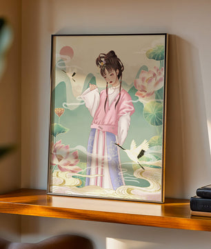 Femme élégante en tenue traditionnelle avec lotus en fleurs et grues