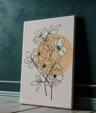 Ilustración floral minimalista con tonos pastel y fondos abstractos