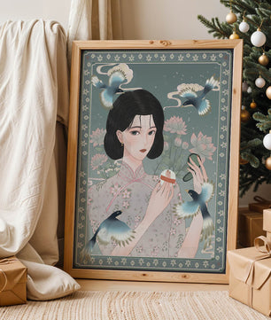 Mujer elegante en kimono floral rodeada de pájaros y flores de loto