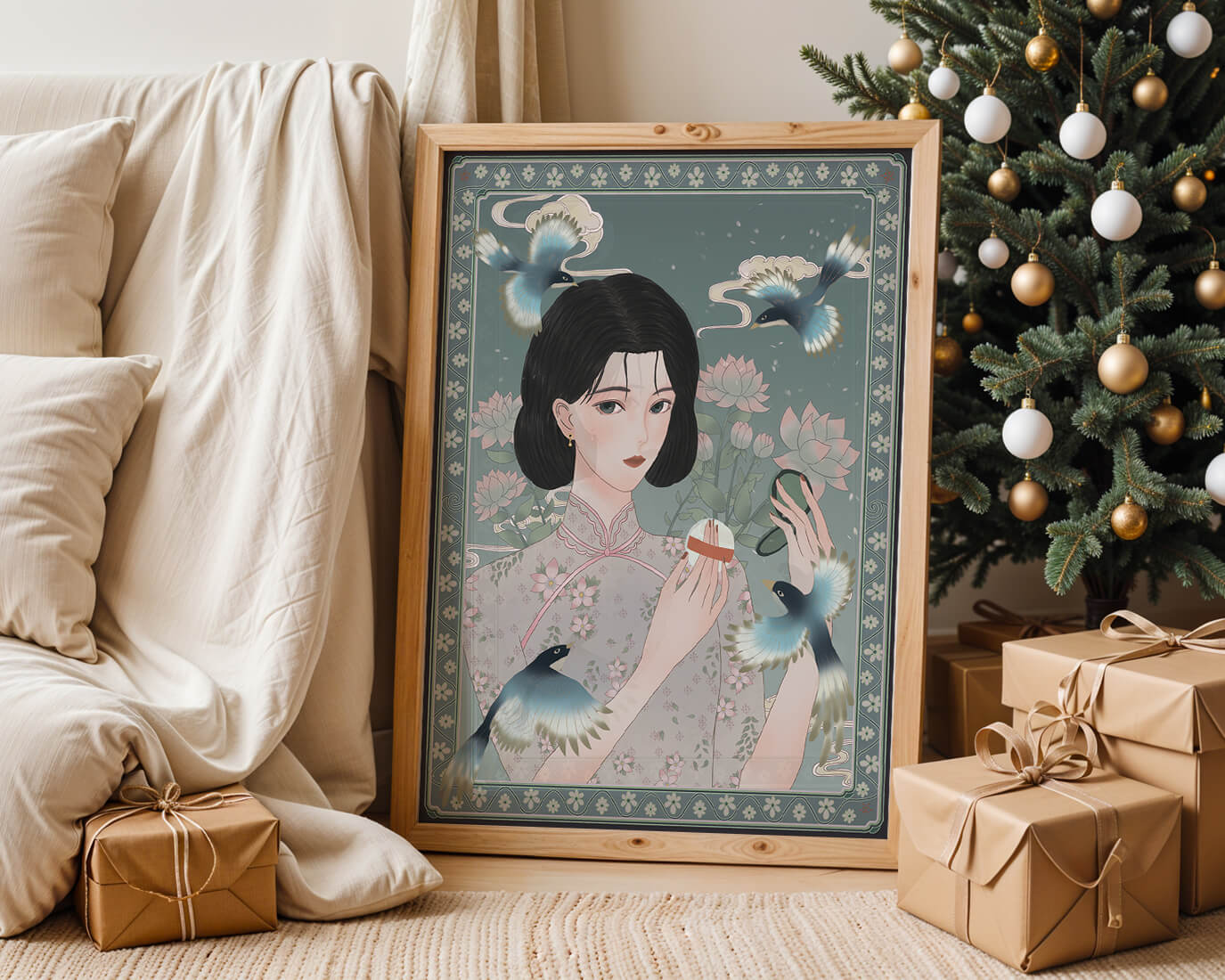 Elegant woman in floral kimono surrounded by birds and lotus flowers
