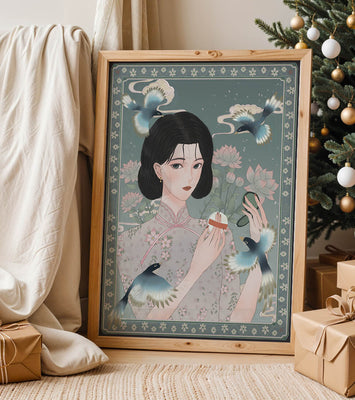 Elegant woman in floral kimono surrounded by birds and lotus flowers