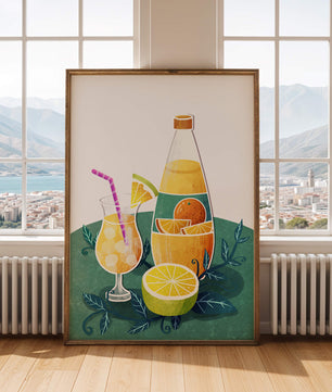 Ilustración colorida de bebidas cítricas con botella y vaso