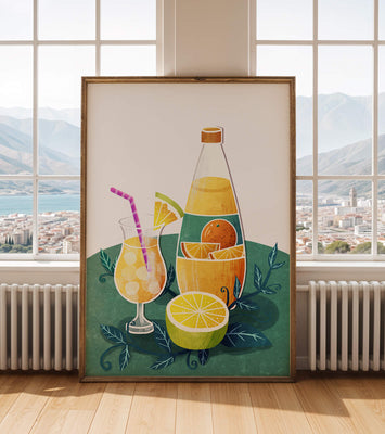 Colorful illustration of citrus drinks with bottle and glass