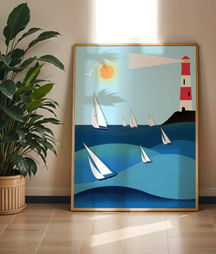 Coastal scene with sailboats and lighthouse on a bright sunny day