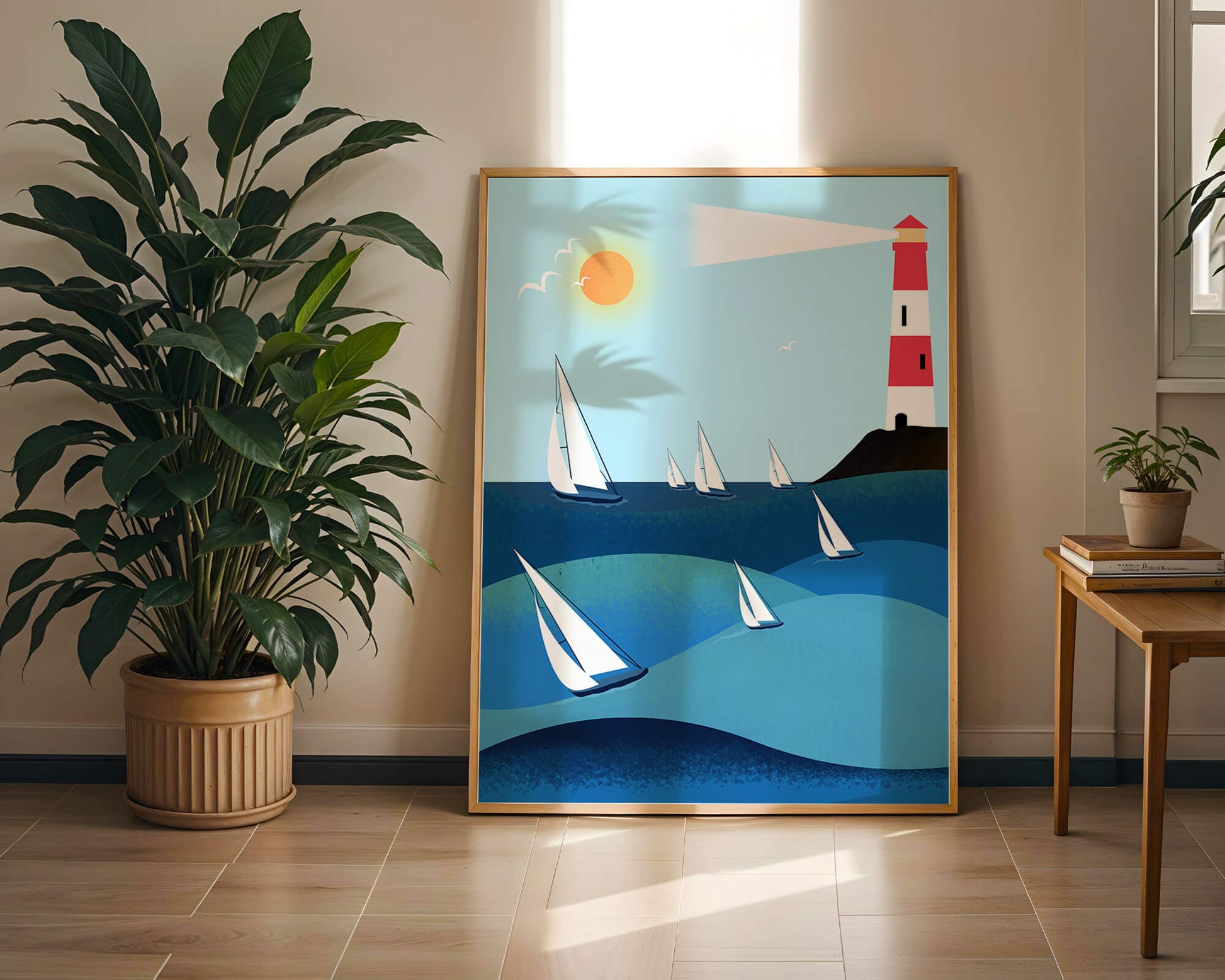 Coastal scene with sailboats and lighthouse on a bright sunny day