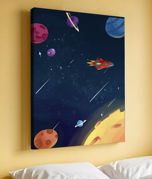 Farbenfrohes Weltraumabenteuer mit Planeten und Raketenillustration