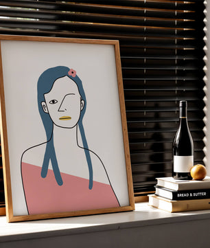 Abstract Portrait with Blue Hair and Floral Accent - Mi tienda
