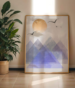 Abstract Mountain Landscape with Geometric Elements and Soaring Birds