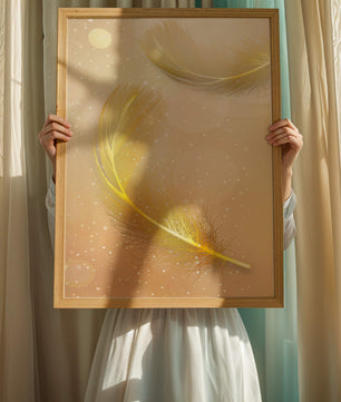 Elegant golden feathers with sparkling particles on soft background